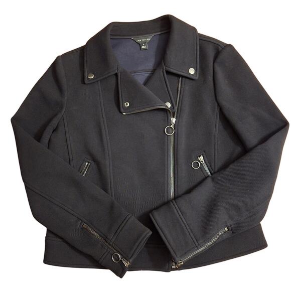 Ann Taylor Jacket Womens 10 Black Moto Biker Asymmetrical Zip Cotton Blend NWOT - Picture 1 of 8